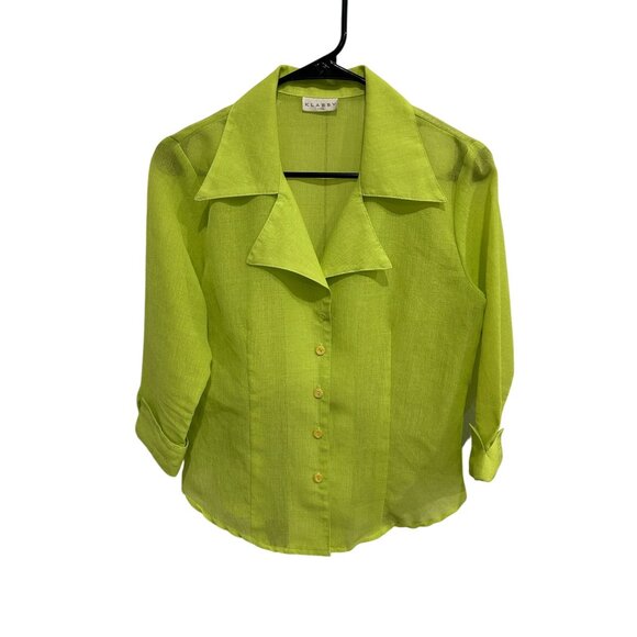 Klassy Womens Lime Button-Up Collared Blouse 3/4 Sleeve Lightweight Sheer Small - Picture 1 of 9